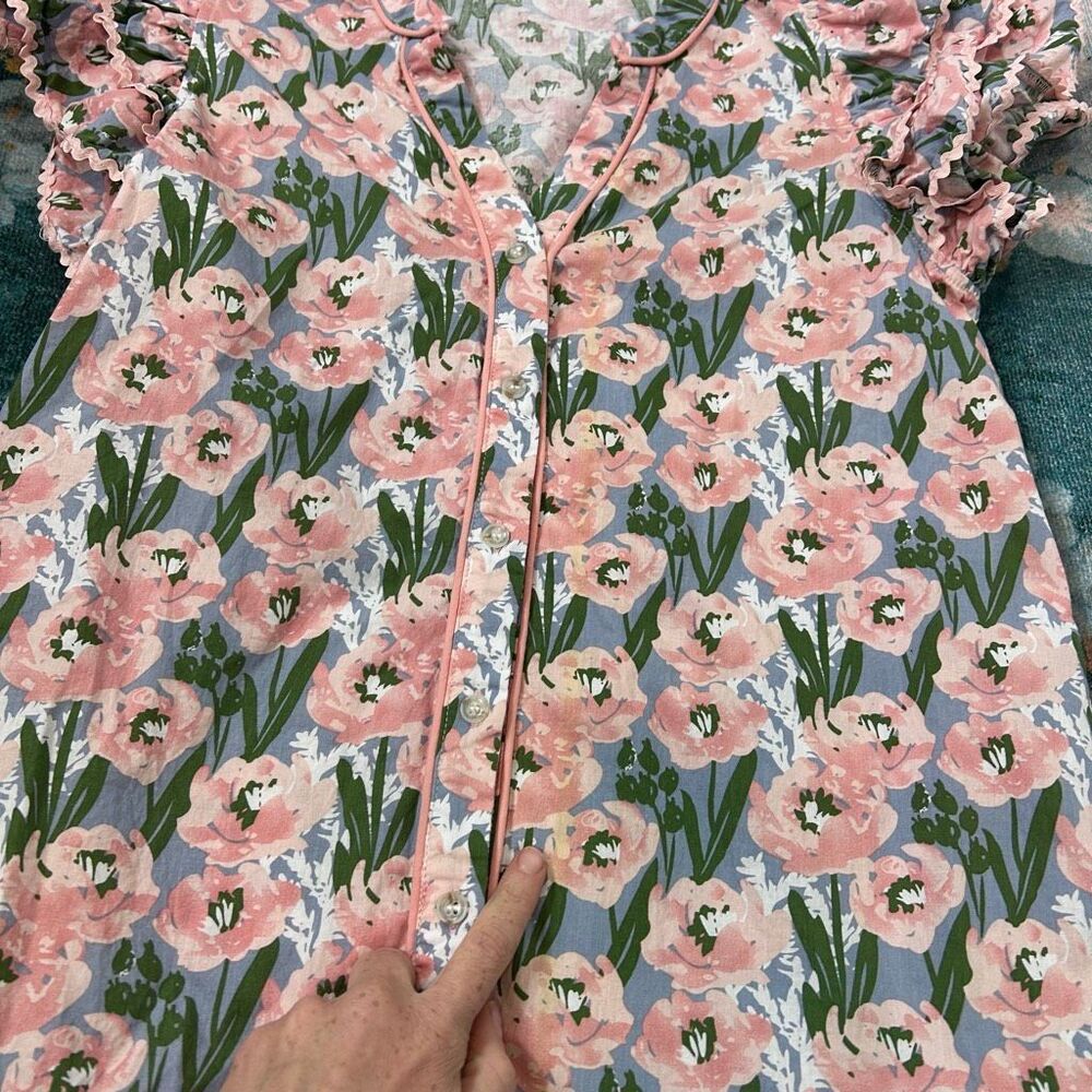 Jodifl Mini Dress Women Medium Pink Green Blue Floral Ric Rac Ruffle Button Down - Picture 11 of 16